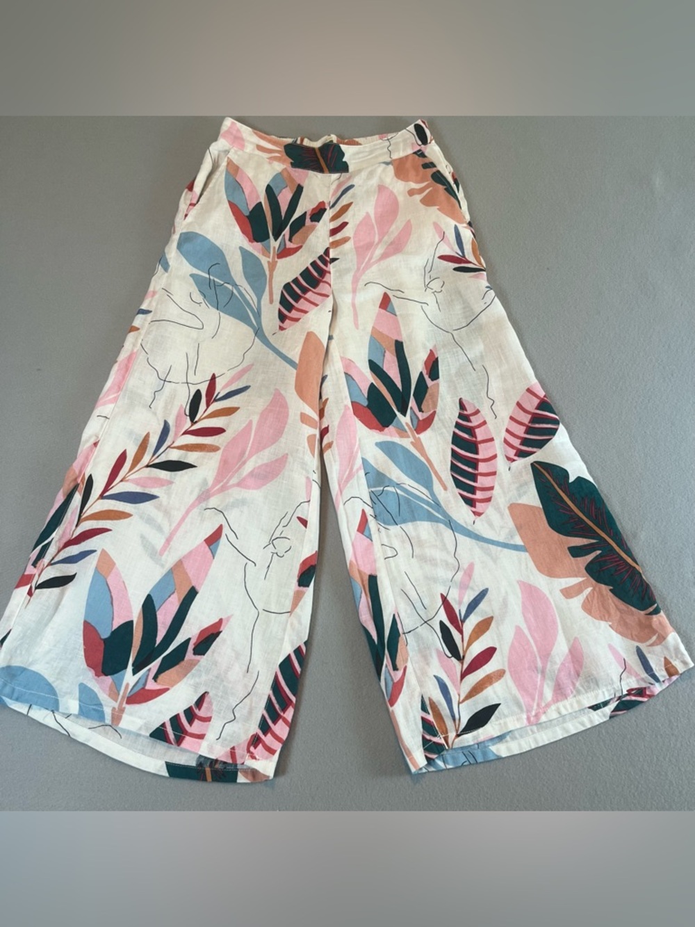 Cynthia Rowley 100% Linen Wide Leg Crop Pants Tropical Leaf Print Small EXC